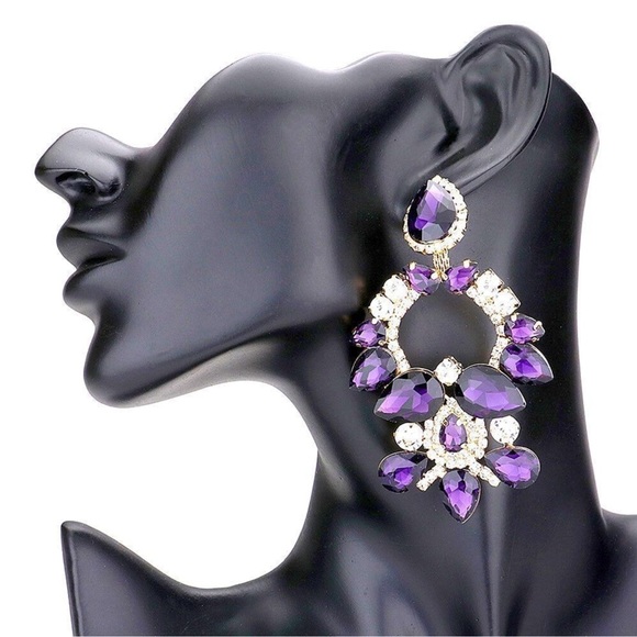 Gold & Purple Teardrop Stone Embellished Evening Statement Earrings - Picture 1 of 1